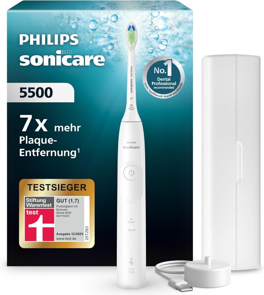 🤴 Philips Sonicare 5500 elektrische Zahnbürste, Schallzahnbürste mit 2 Putzmodi, Andruckkontrolle, EasyStart, SmarTimer und BrushPacer, Weiß, Modell HX7110/02 [Neue Technologie]