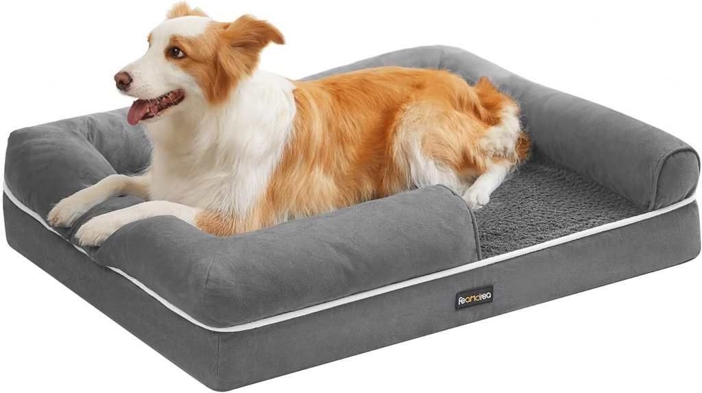 👑 Feandrea Orthopädisches Hundebett, Hundekissen, Hundekorb, weiche Polsterung, Hundesofa, erhöhte Ränder, Bezug abnehmbar und waschbar, 91 x 63 x 18 cm, rutschfeste Unterseite, hellgrau PGW076G02V
