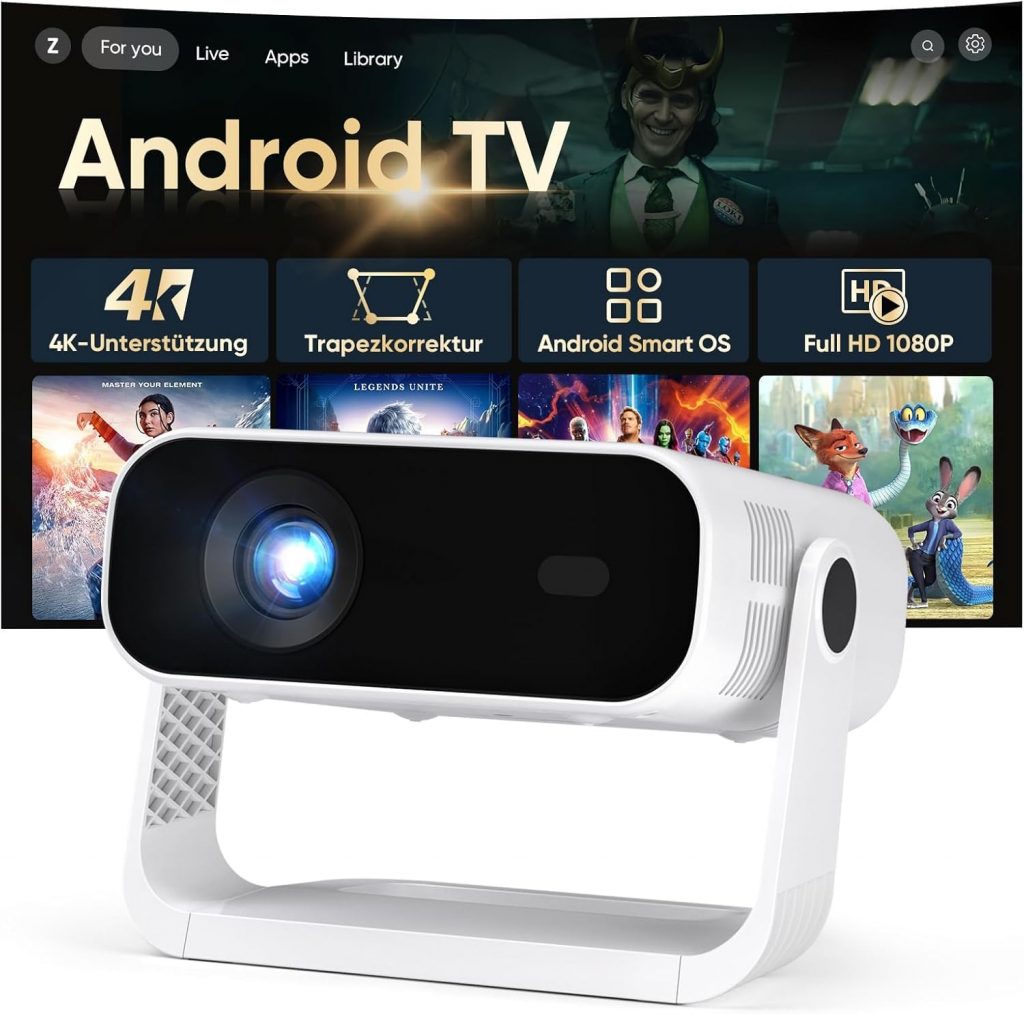 2026 Neuer Smart Mini Beamer Integrierte APP, Android 14, Full HD 1080P, unterstützt 4K-Decodierung, 20000 Lumens, Automatische Trapezkorrektur, WiFi6 & BT5.2 ，Beamer 4K Heimkino für Handy/HDMI/PC