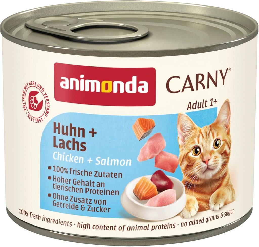👑 animonda Carny Katzen Nassfutter Huhn + Lachs (6 x 200g), getreidefreies Katzen Nassfutter ohne Zucker, mit frischen fleischigen Zutaten