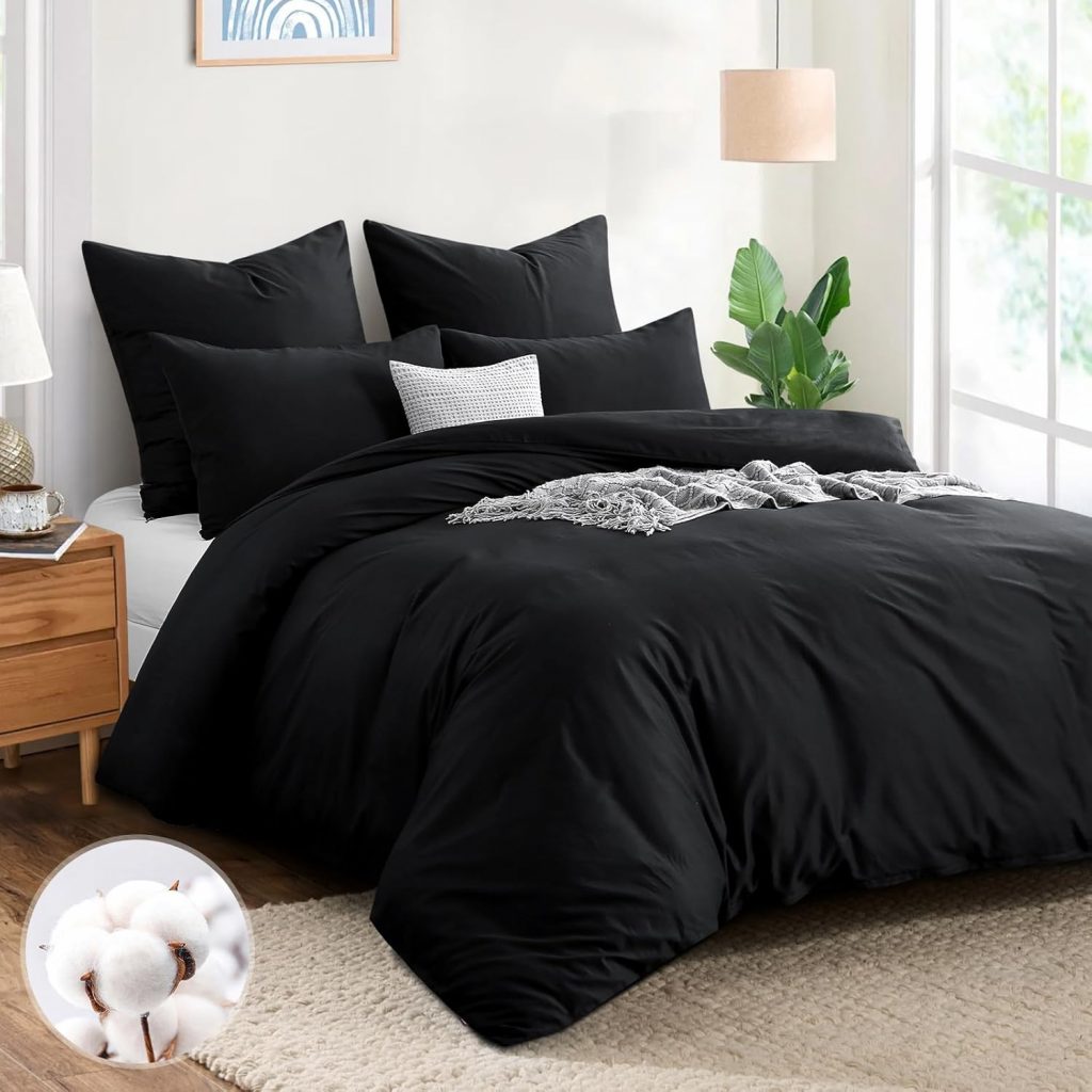 🤴 Aisbo Bettwäsche 220×240 Baumwolle Schwarz – Bettwäsche-Sets Bettbezug 220×240 3teilig mit 2 Kissenbezüge 80×80 cm, Baumwollbettwäsche Set, Oeko-TEX Bettwäsche Schwarz mit Reißverschluss