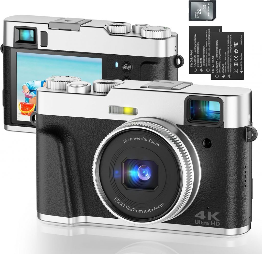 Digitalkamera 4K 48MP Autofokus Fotokamera mit Optischem Sucher, Vlogging Digital Kamera mit 32G SD-Karte 16X Zoom 2 Akkus Fotoapparat Kompaktkamera für Anfänger, Erwachsene, Jugendliche-Schwarz39,99€