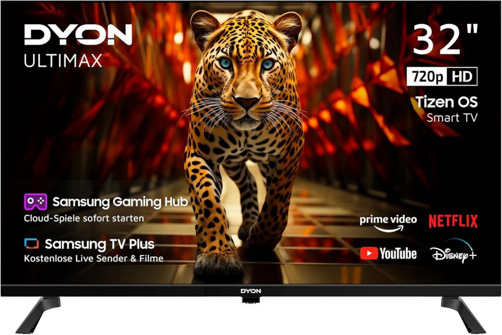 DYON ULTIMAX 32H-TI-W – 32 Zoll (80 cm) HD Smart TV mit Tizen OS, Triple Tuner (DVB-C/-S2/-T2), Smart & Gaming Hub, Prime Video, Netflix, Disney+ [2025]113.49€ 🏷️ Coupon anwenden➡️