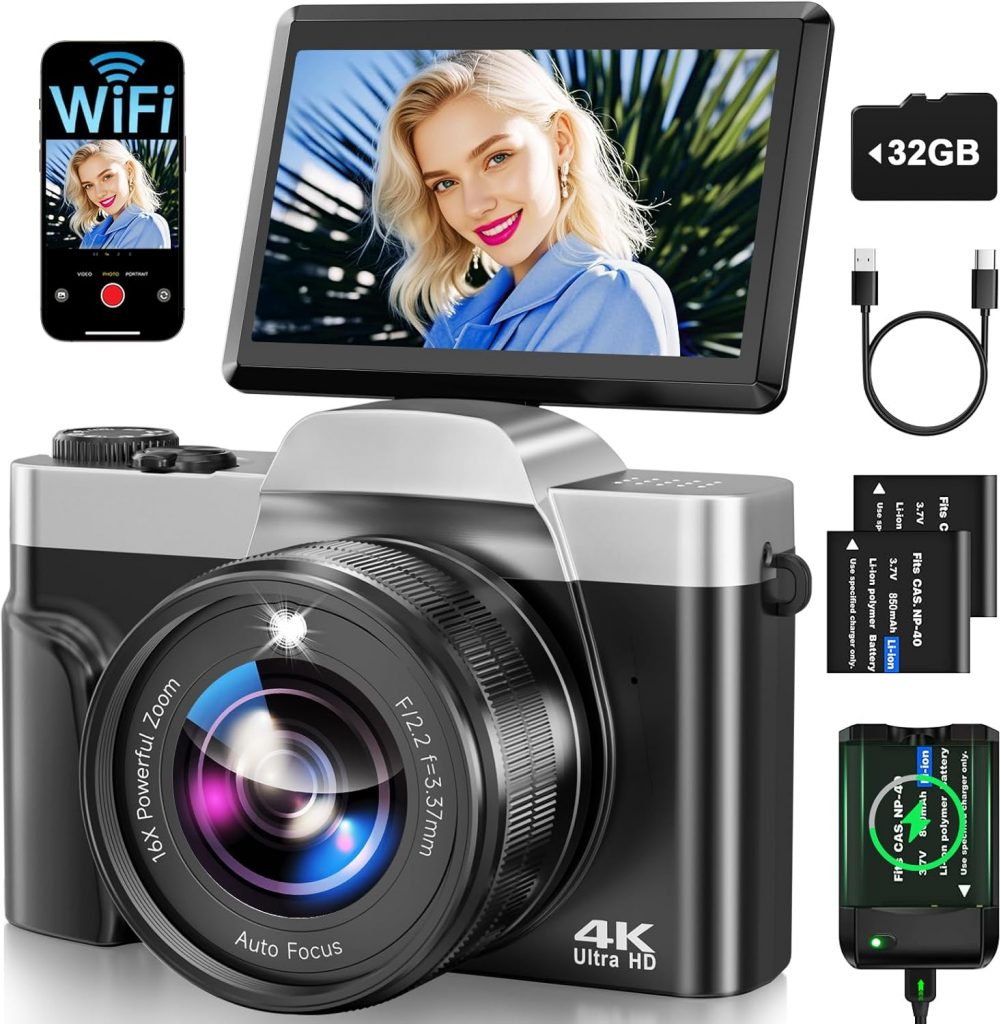 Digitalkamera, 4K 64MP Autofokus Kamera Fotokamera Mit WLAN, 3" 180° Klappbarer Bildschirm Digital Kamera mit 32GB Karte, Ladestation, 2 Akkus Fotoapparat Kompaktkamera für Anfänger Teenager -Schwarz
