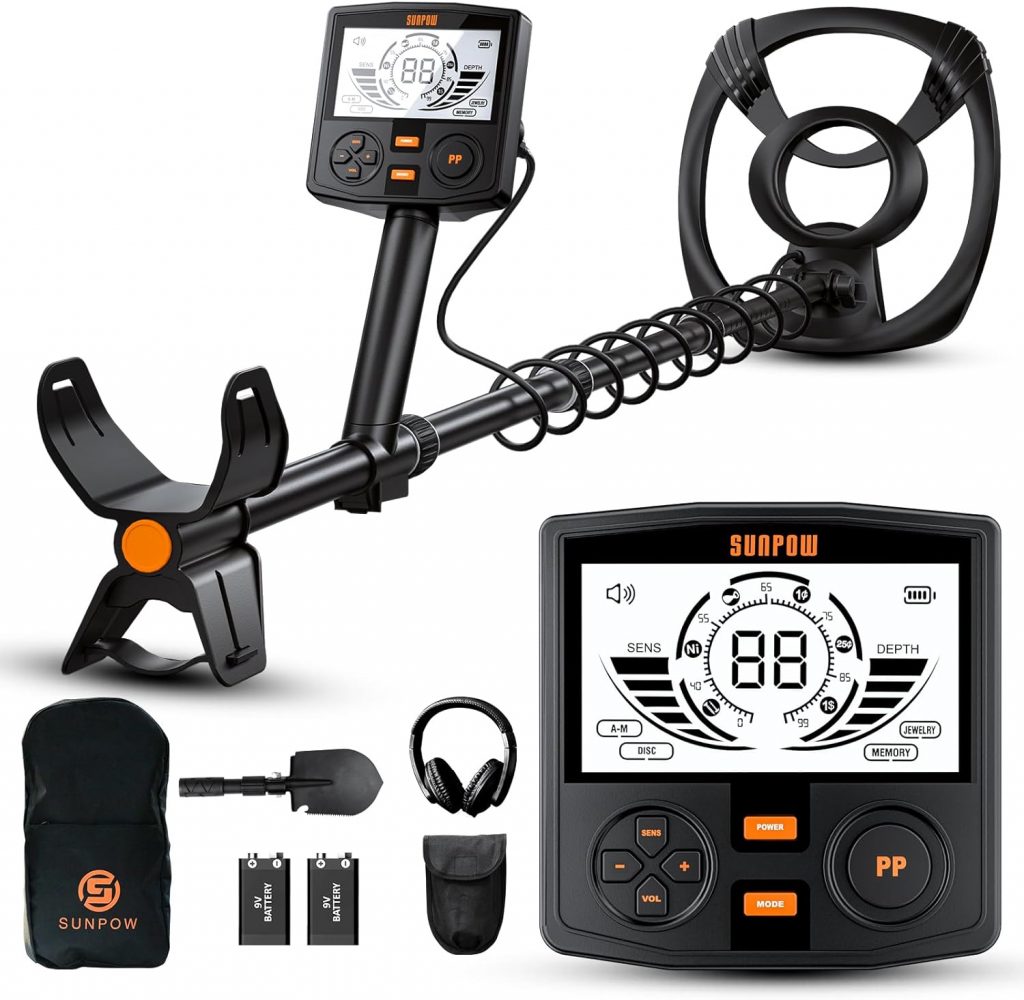 SUNPOW Metalldetektor Profi Set- Hightech mit DSP Chip & Struktur, 3 Teile Custom, 30cm wasserdichte Spule, 2X LCD Display, 5 Modi, Einstellbare Länge (50cm-150cm), Stabile Spiralstruktur