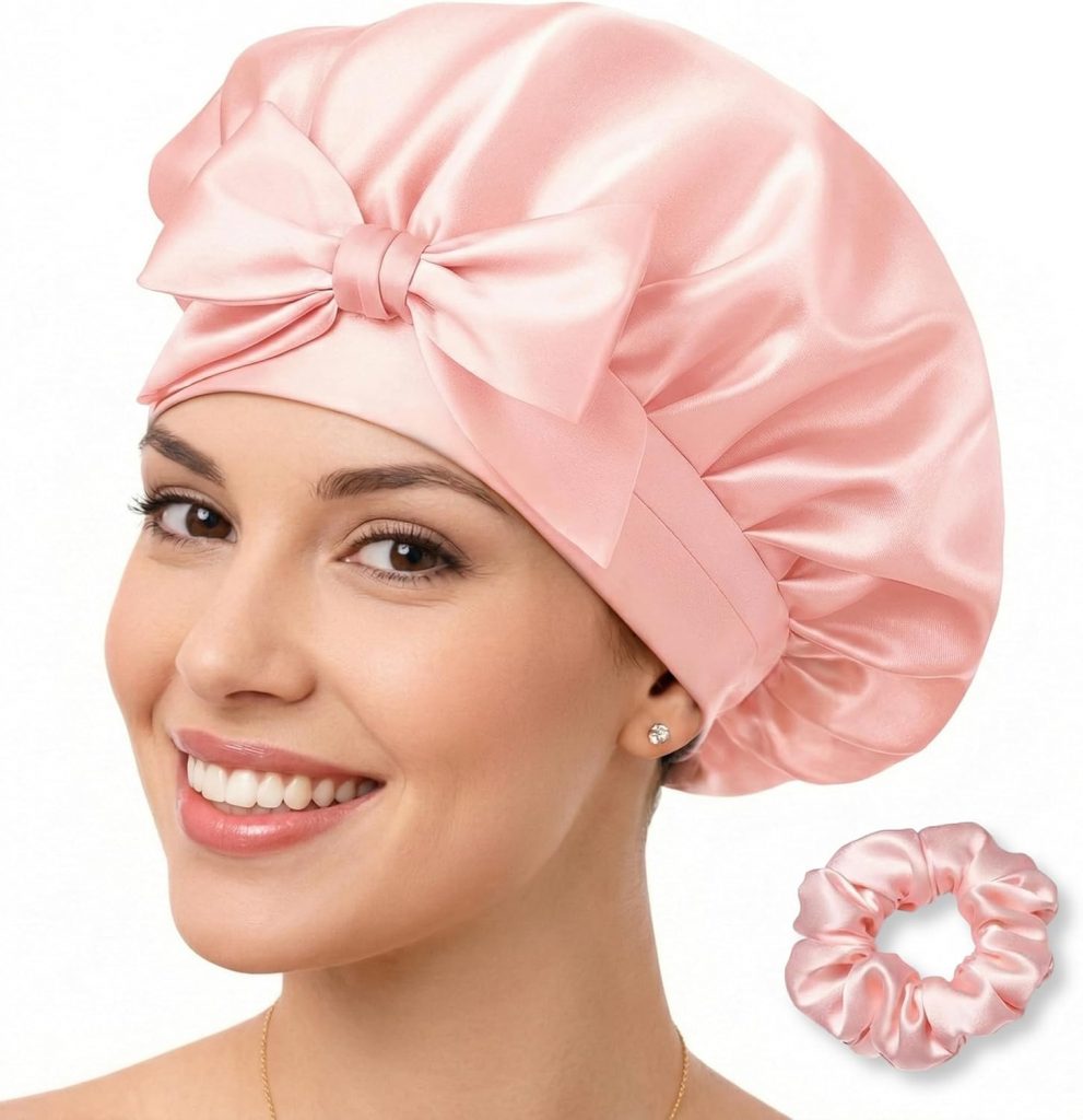 🤴 Seidenhaube zum Schlafen aus 10 Maulbeerseide – einlagige atmungsaktive Schlafhaube, anpassbare Schlafmütze mit weichen Stretch-Stoffbändern, Silk Bonnet, Haarhaube für die Nacht (rosa)