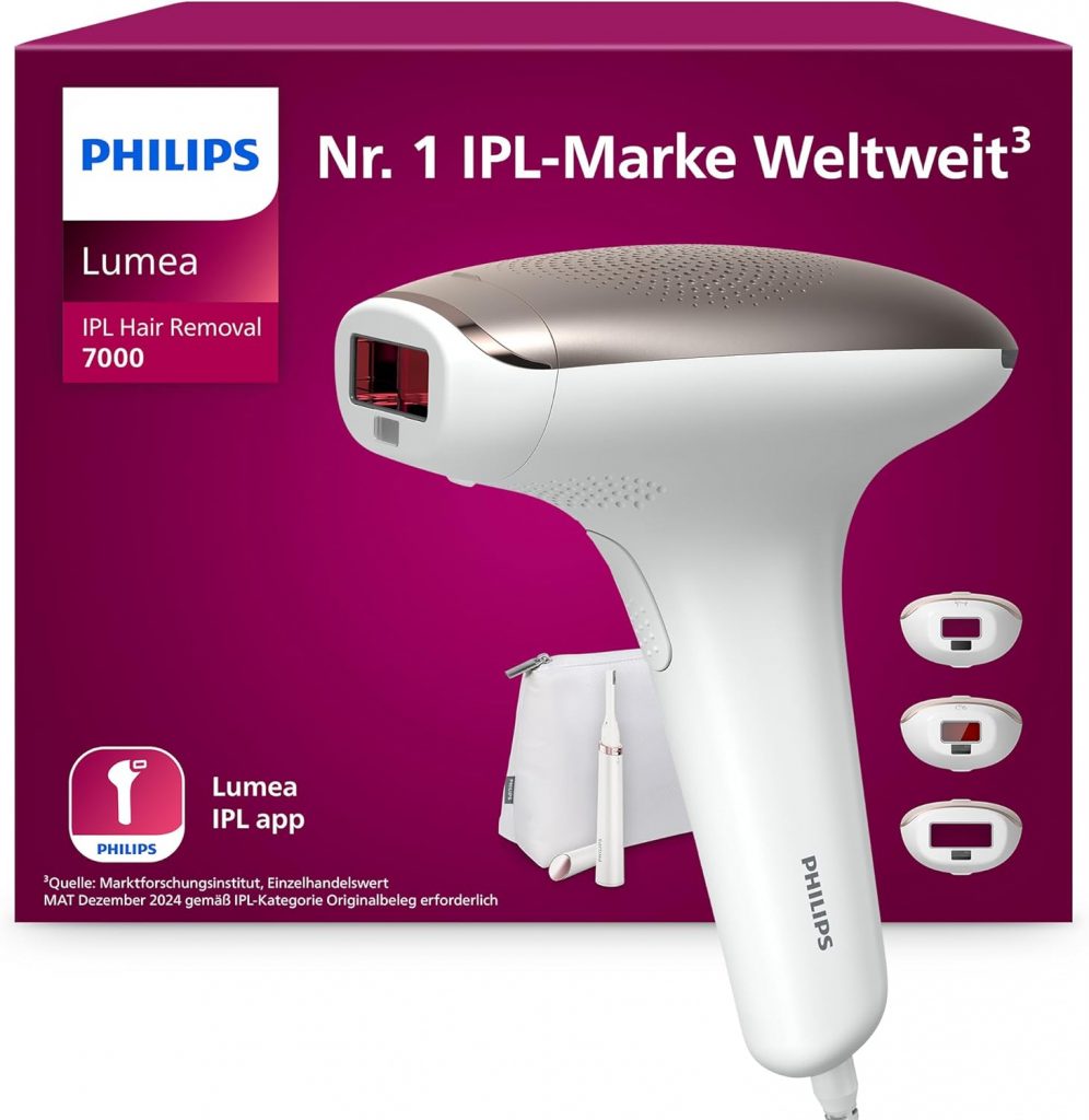 Philips Lumea IPL 7000 Series Haarentfernungsgerät – Alternative zur Laserhaarentfernung – 3 Aufsätze für Körper, Gesicht & Bikinizone, inkl. Korrekturtrimmer (BRI923/00)