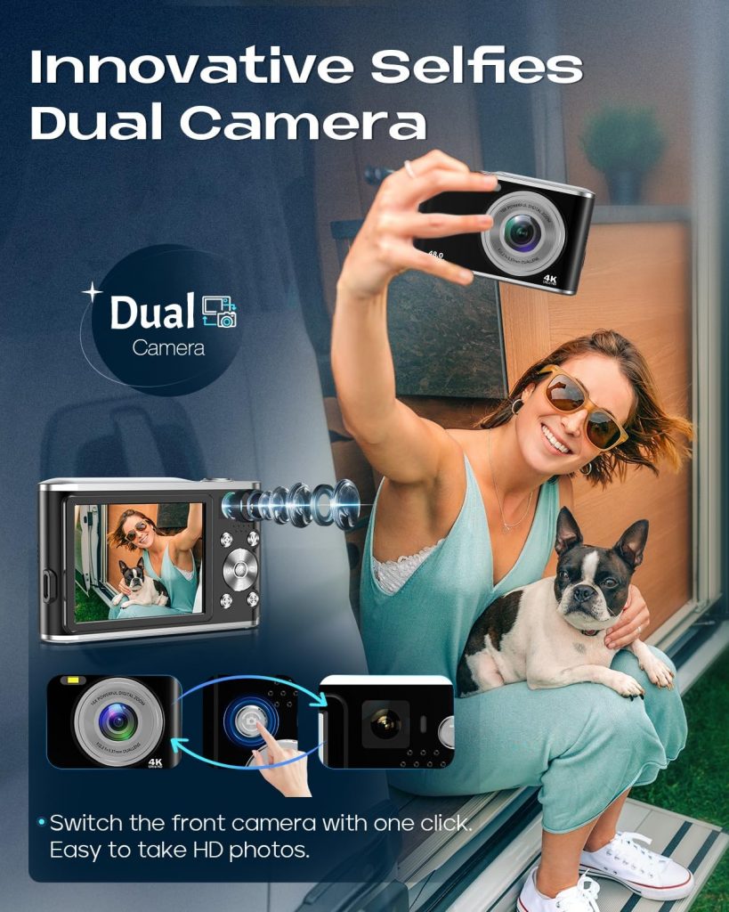 Digitalkamera, AutoFocus 4K Kompaktkamera Fotokamera mit Dual-Kamera mit 32GB Speicherkarte HD 48MP 16X Digitalzoom 2,8" großem Bildschirm Fotoapparat Digitalkamera für Einsteiger（Schwarz）