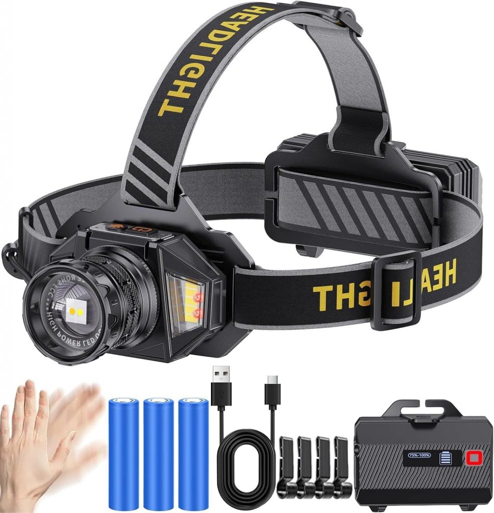👑 KZK Stirnlampe LED wiederaufladbar Super Bright 250000 Lumen Zoomable 3 Lichtquellen(weiße/gelbe/rote Lichtquelle) Head Torch with 12 Modi, IP67 Waterproof, 90° Adjustable Sensor Headlamp für Camping