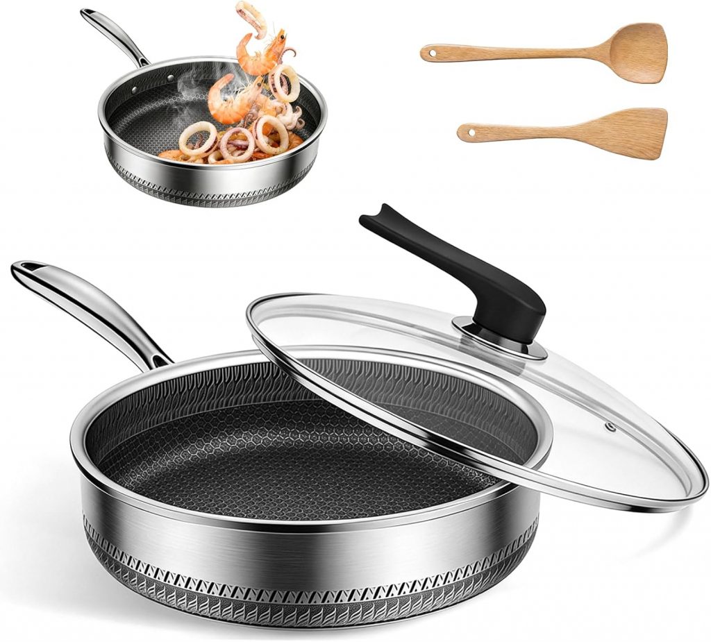 Tiefe Bratpfanne 26-28CM mit Deckel & Holzspatel, SUS316 Edelstahl Antihaft ohne Beschichtung, spülmaschinenfest, hitzebeständig bis 260°C, geeignet für Induktion, Gas und Backofen (28CM mit Deckel)12.99€