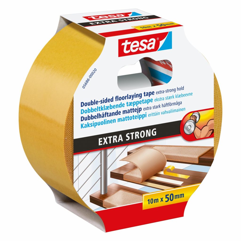 🤴 tesa Verlegeband extra stark klebend – Doppelseitiges Klebeband zum Verlegen von Teppich und PVC-Belag – doppelseitig klebend – 10 m x 50 mm