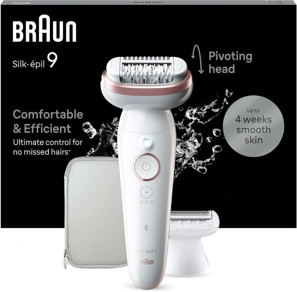 Braun Silk-épil 9 Epilierer Damen mit Schwenkbarem Kopf für Eine Einfache Haarentfernung, Wet&Dry, Langanhaltend Glatte Haut, Wasserdicht — Inkl. Rasieraufsatz und Trimmeraufsatz — 9-030, Weiß/Rosa
