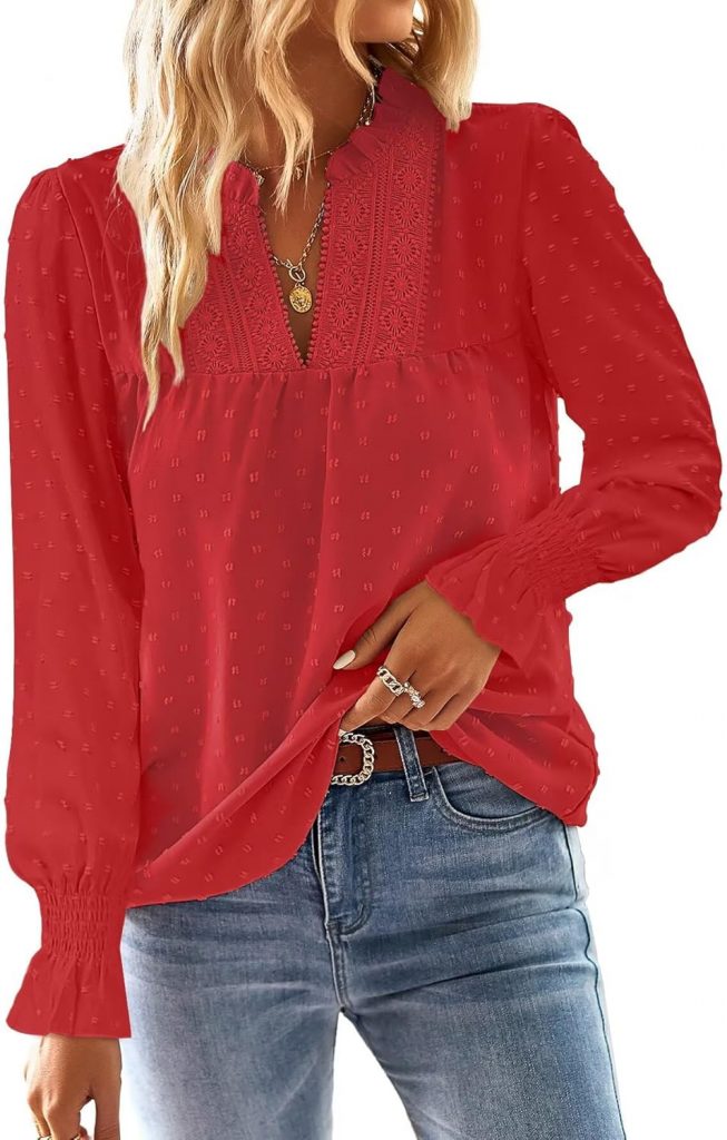 TUUHAW Langarmshirt Damen Herbst Boho Top Oberteile Fließend Elegant V-Ausschnitt T Shirt Süß Lässig Outfits Frühling Winter Longshirt Spitze Kleidung Paspel Volant Rot M