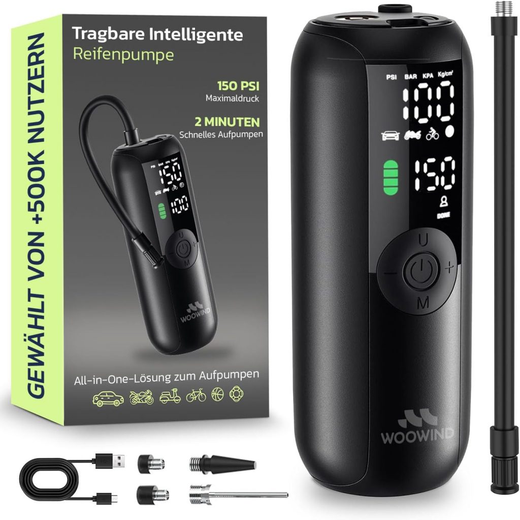 Woowind LP1 Luftpumpe Fahrrad, Fahrradpumpe Elektrisch, 1-Minuten-Aufpumpen, 150PSI/10,3Bar Akku Kompressor, Elektrische Luftpumpe, Automatischer Abschaltung, LCD-Display, LED-Licht29,74€ statt 60,99€➡️ https://www.amazon.de/dp/B09MYNX9BV/?tag=preisfehlerheute-21