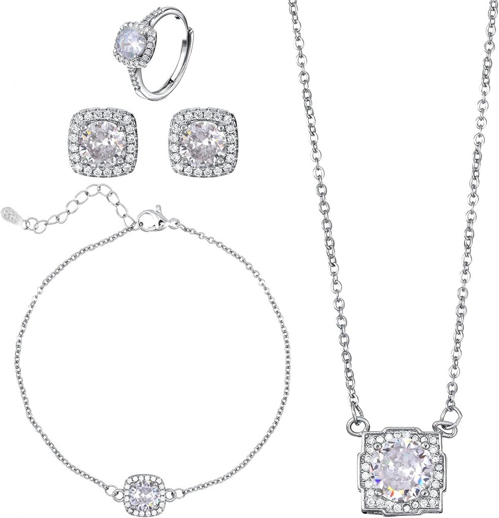 Tucnoeu 4pcs Silber-Strass Brautschmuck – Hochzeitssaison Silber Schmuck Damen, Silver Jewellery – Perfekt für Hochzeiten und besondere Anlässe（Enthält Halsketten, Armbänder, Ohrringe und Ringe）1.99€