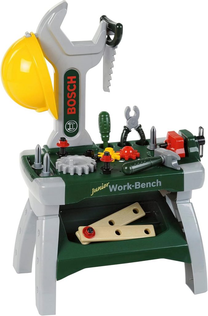 Theo Klein 8604 Bosch Werkbank Junior I Inkl. Helm, Schraubstock, Werkzeugen, Latten, Nägel, Schrauben und Muttern I Maße: 49 cm x 29 cm x 71 cm I Spielzeug für Kinder ab 2 Jahren