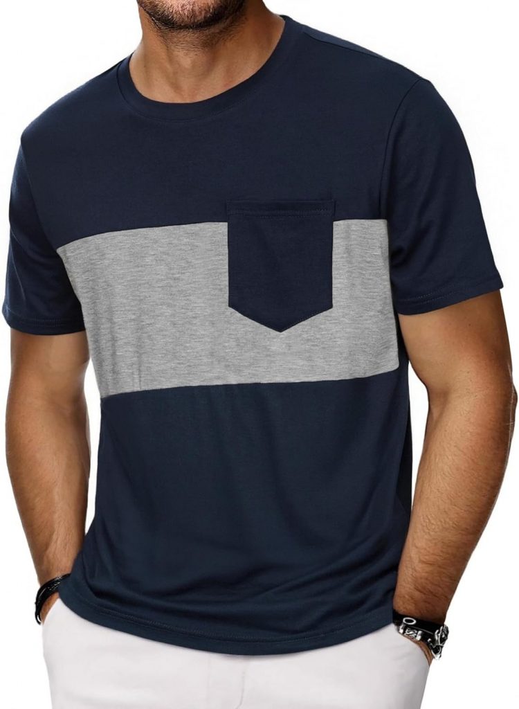 Wayleb Herren T-Shirt mit Brusttasche – Zweifarbiges Kurzarm Shirt Rundhals – Formstabiles Basic Tshirt für Freizeit & Büro – Passgenaues Colorblock Oberteil S-3XL Grau4,99€