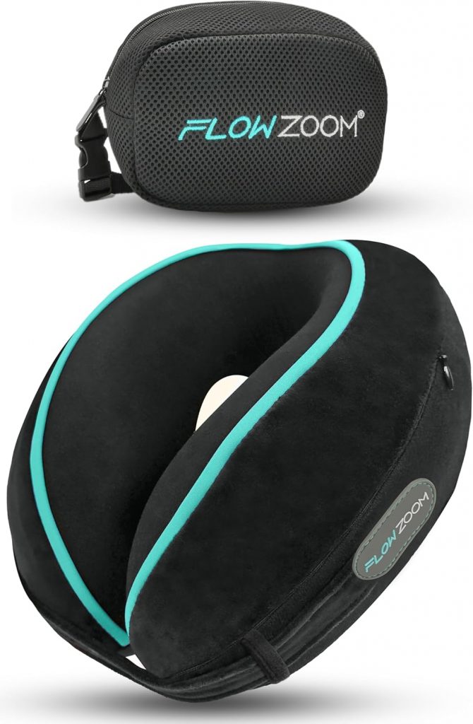 FLOWZOOM Dream Pro – Nackenkissen mit extra seitlicher Stütze und flexibel einstellbarem Klettverschluss – Reisekissen Flugzeug aus Memoryschaum – inkl. Reisebeutel & Geschenkverpackung – Schwarz