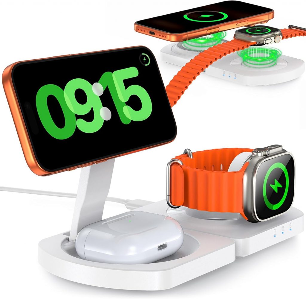 Induktive Ladestation für Apple, MagSafe-kompatible iPhone ladegerät für iPhone 17 Air/16/15/14/13/12 Serie, 3-in-1 Wireless Charger für Apple Watch Serie 10–3 und AirPods, Kein Adapter, Weiß