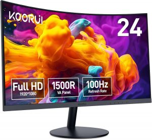 KOORUI Curved Monitor - 23.6 Zoll FHD Curved Computer Monitor, VA-Panel, 100Hz, Kr&uuml;mmung 1500R, Neigungsverstellung, Augenpflege, HDMI, VGA Gaming Monitor, Schwarz