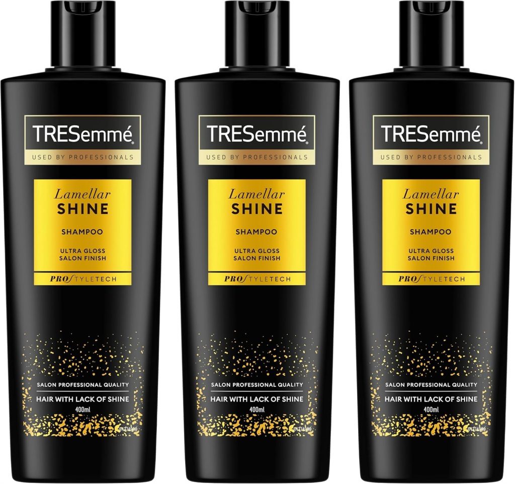 TRESemmé Lamellar Shine Shampoo, Mehr Glanz, Für Alle Haartypen, Seidiges und Glänzendes Haar, Verstärkte Haarfasern, Mit Lamellar-Technologie, 3x 400 ml