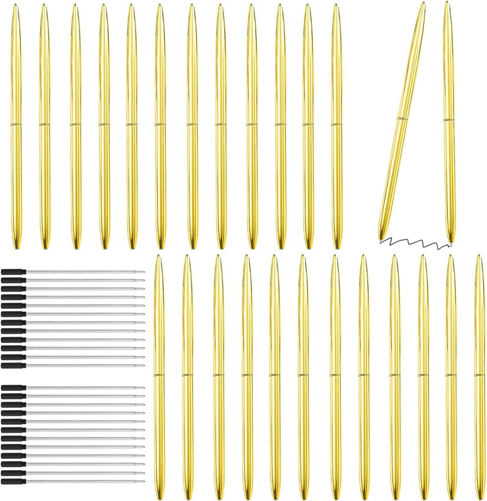 SHAIDOJIO 24 Stück Metall Kugelschreiber, 1,0MM Schwarzer Kugelschreiber mit 24 Nachfüllungen, Drehstift Schwarze Tinte Schlank für Business Hochzeit Büro (Gold)
