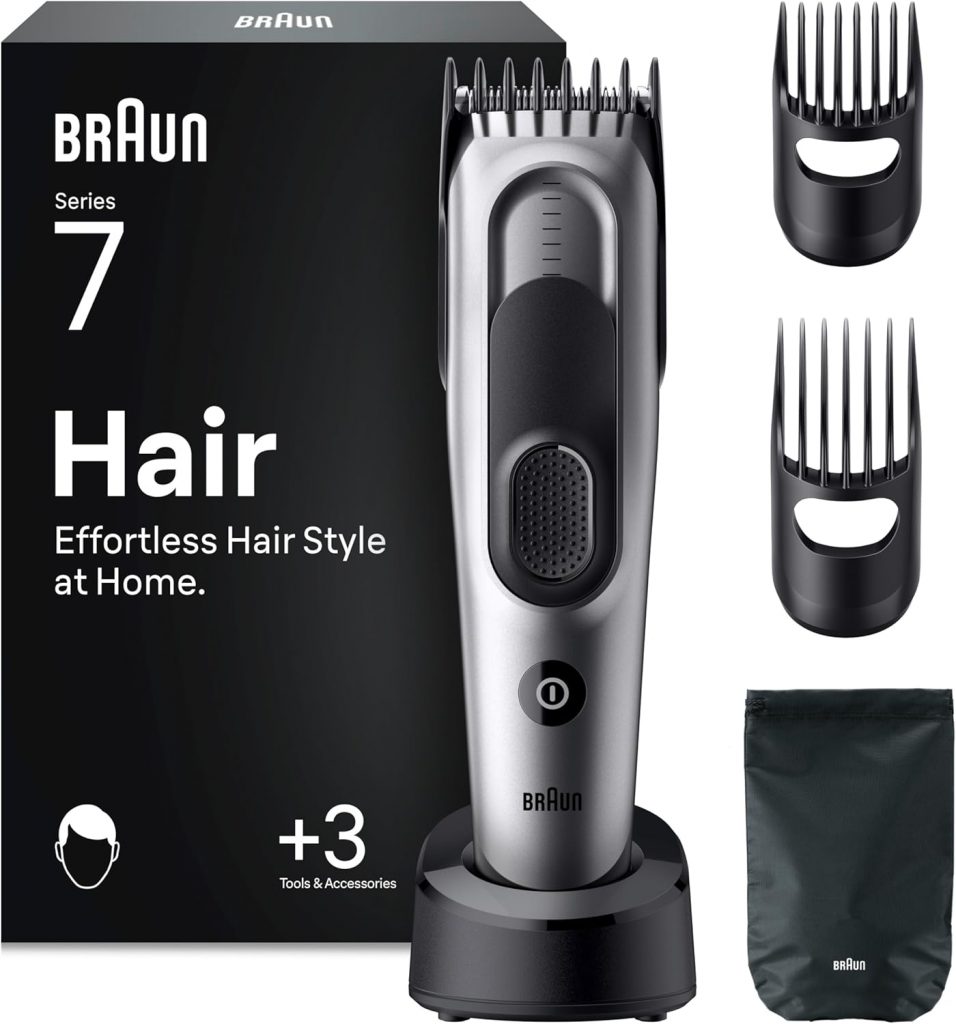 Braun Haarschneider Series 7, Haarschneidemaschine und Rasierapparat für Herren, Haartrimmer mit Ultrascharfer Klingen, 17 Längen, 5 Zubehörteile, 50 Min. Akku, Abwaschbar, HC7590, Grau
