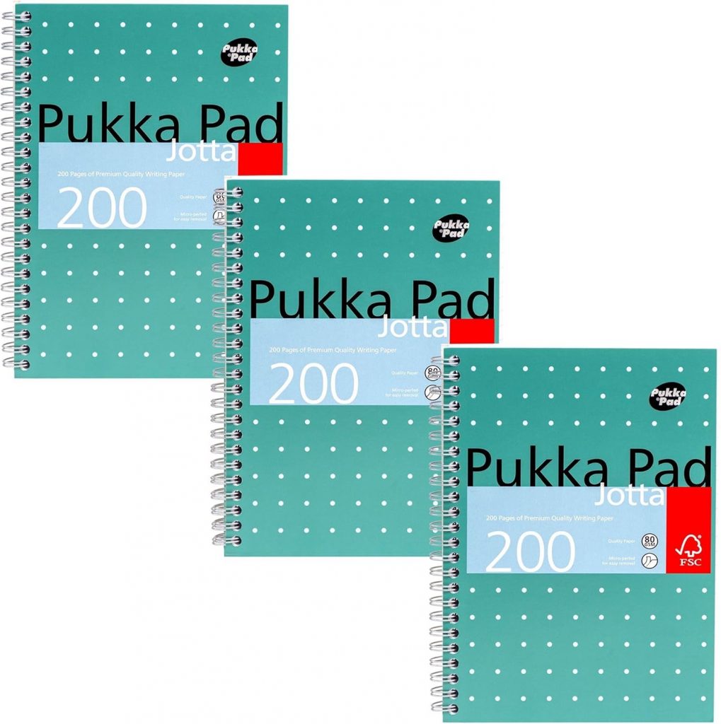 Pukka Pad, A5 Metallic Jotta notizbuch 3er-Pack für Zuhause, Schule und Büro – 15 x 21 cm – spiralbindung Notizbuch mit 8 mm Liniert und 80 g/m² Papier – mit perforierten Kanten – 200 Seiten, grün