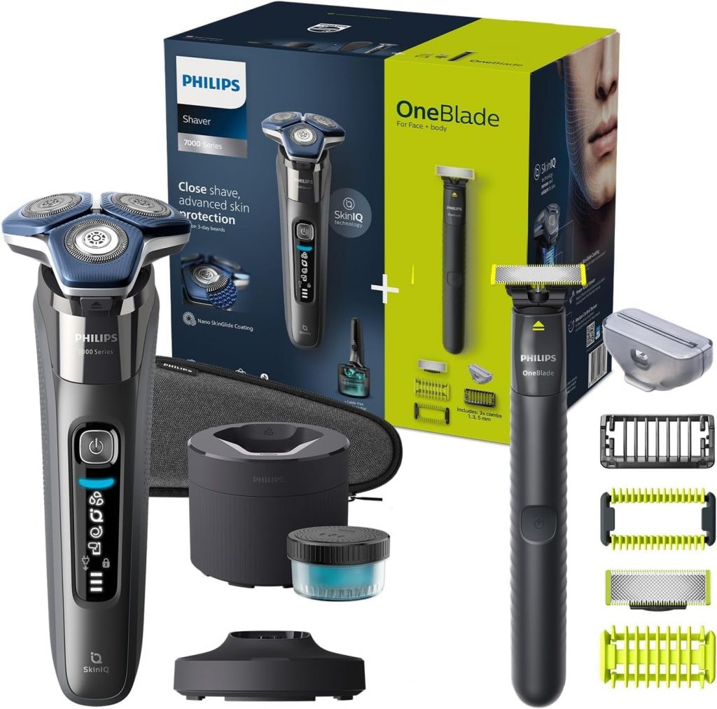 🤴 Philips Shaver S7000 – Elektrischer Nass- und Trockenrasierer mit SkinIQ-Technologie in Dark Chrome, ausklappbarem Trimmer, Reinigungsstation, Reinigungskartusche & Philips OneBlade (Modelle S7887/78)