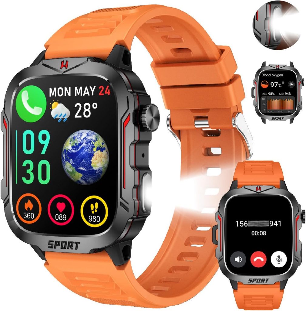 LIVLOV Smartwatch für Herren mit LED-Taschenlampe, 430 mAh Akku, 120 Sportmodi, Herzfrequenz-/Blutdruck-/Schlafüberwachung, 1,96" Touchscreen, kompatibel mit Android und iOS (Orangefarbenes Silikon)9,99€