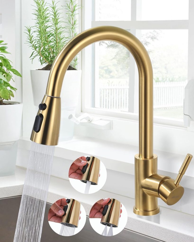 ARCORA Küchenarmatur ausziehbar, Hochdruck Wasserhahn Küche 360° schwenkbar Armatur Küche aus Edelstahl Mischbatterie Küche mit keramischer Kartusche auslaufsicher 3 Strahlarten Gold