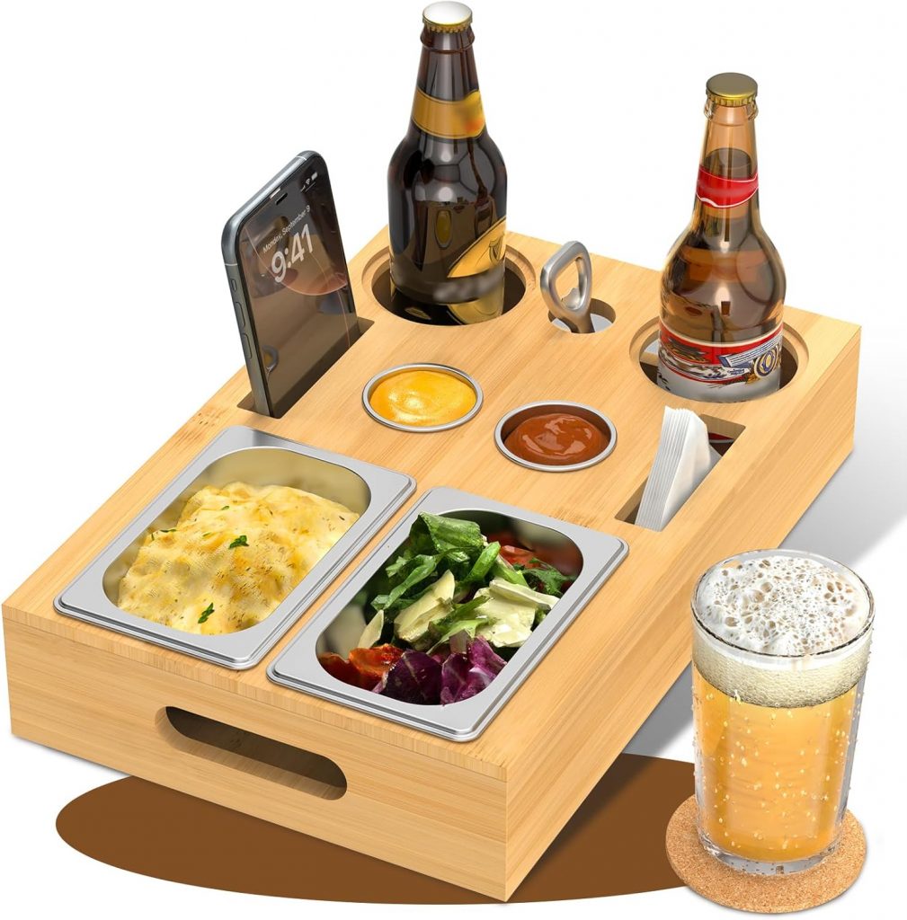 🤴 Yeabett Couchbar Snackbox mit 2+2 Edelstahlschalen & Gewürzschalen, Abnehmbarer Magnetdeckel & Untersetzer, Multifunktionale Snackablage für Sofa, Bett, Picknick, Camping (Bambus & Edelstahl), Bambus