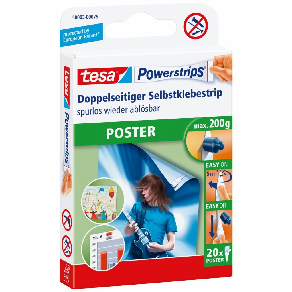 tesa Powerstrips POSTER – Doppelseitige Klebestreifen für Poster und Plakate – Selbstklebend und spurlos wieder ablösbar – Bis zu 200 g Halteleistung – 20 Stück2.48€ ➡️ https://www.amazon.de/dp/B000U3WHRG/?tag=preisfehlerheute-21