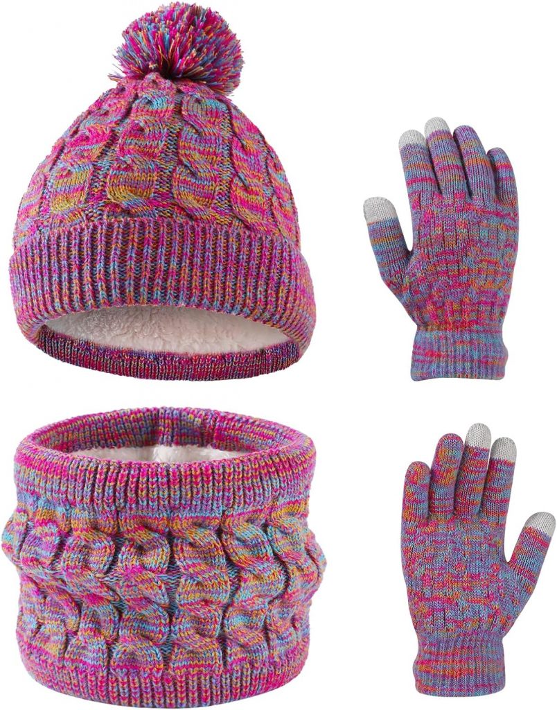 Waylipun Wintermütze Schal Handschuhe Set für Mädchen Jungen, 3 in 1 Warm Winte Strickmütze Kinder Mütze Set mit…