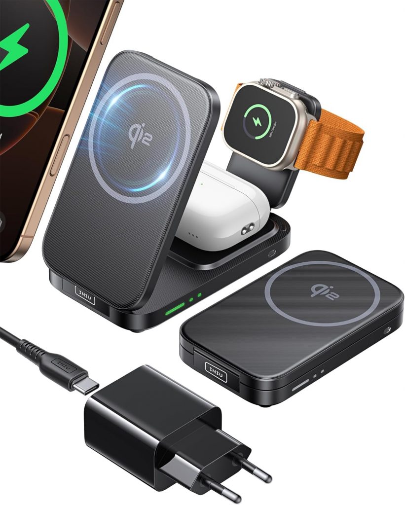 INIU Induktive iPhone Ladestation 3 in 1, 15W Qi2-Zertifiziertes Magnetisches Kabelloses Ladegerät Faltbar, Mag-Safe Wireless Charger for Apple Watch SE iPhone 17 16 15 14 13 12 AirPods (mit Adapter)