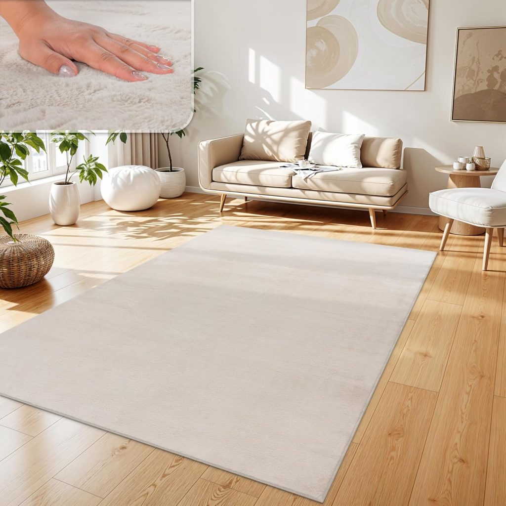 🤴 Paco Home Teppich Wohnzimmer Kunstfell weich waschbar modern elegant pflegeleicht Felloptik Uni Seidenglanz flauschig Hochflor, Grösse:120×160 cm, Farbe:Creme