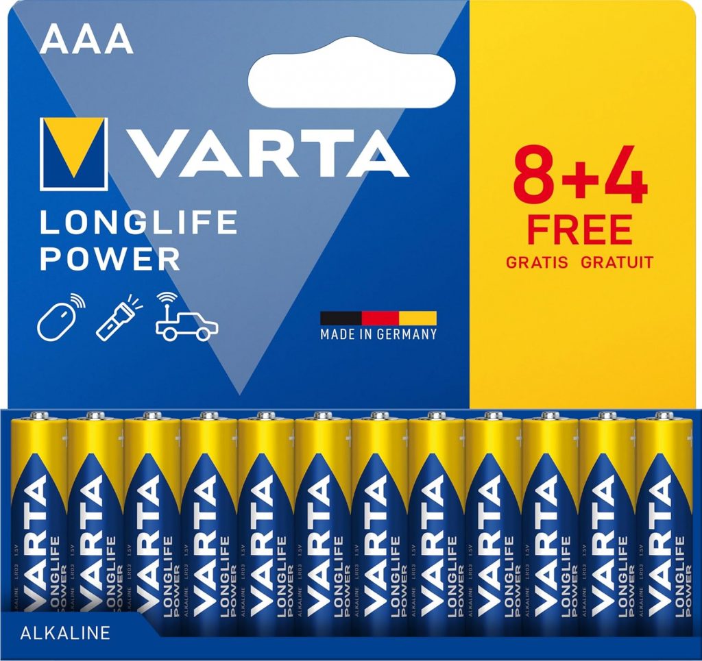 🤴 VARTA Batterien AAA, 12er Pack (8+4), Longlife Power – Alkaline Micro Batterien LR03 mit 1,5 V – Made in Germany – für energieintensive Geräte