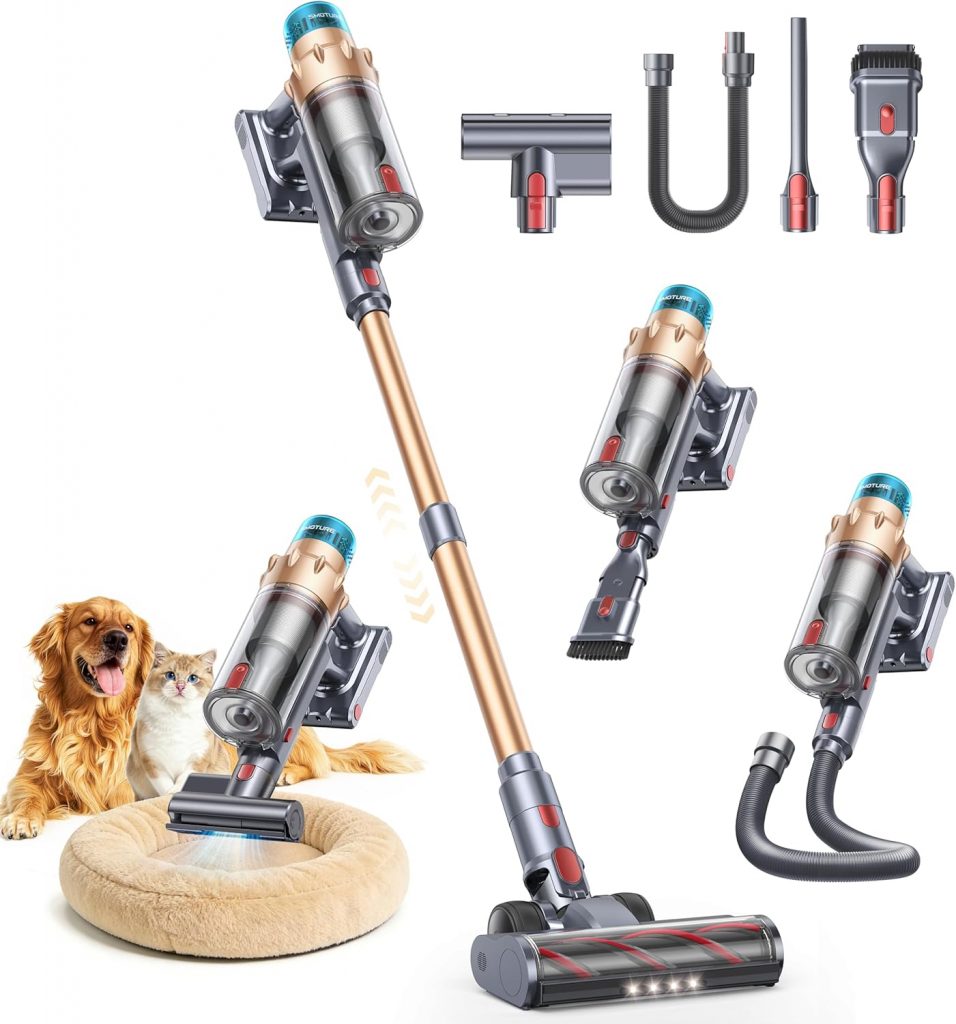 SMOTURE Akku Staubsauger 50000Pa/600W/65Min, Staubsauger Kabellos mit Mini-Elektrobürste, 1M Schlauch, Aromafunktion, Touchscreen,Anti-Tangle-Bürste,Selbststehend für Tierhaare/Teppiche/Hartböden/Auto