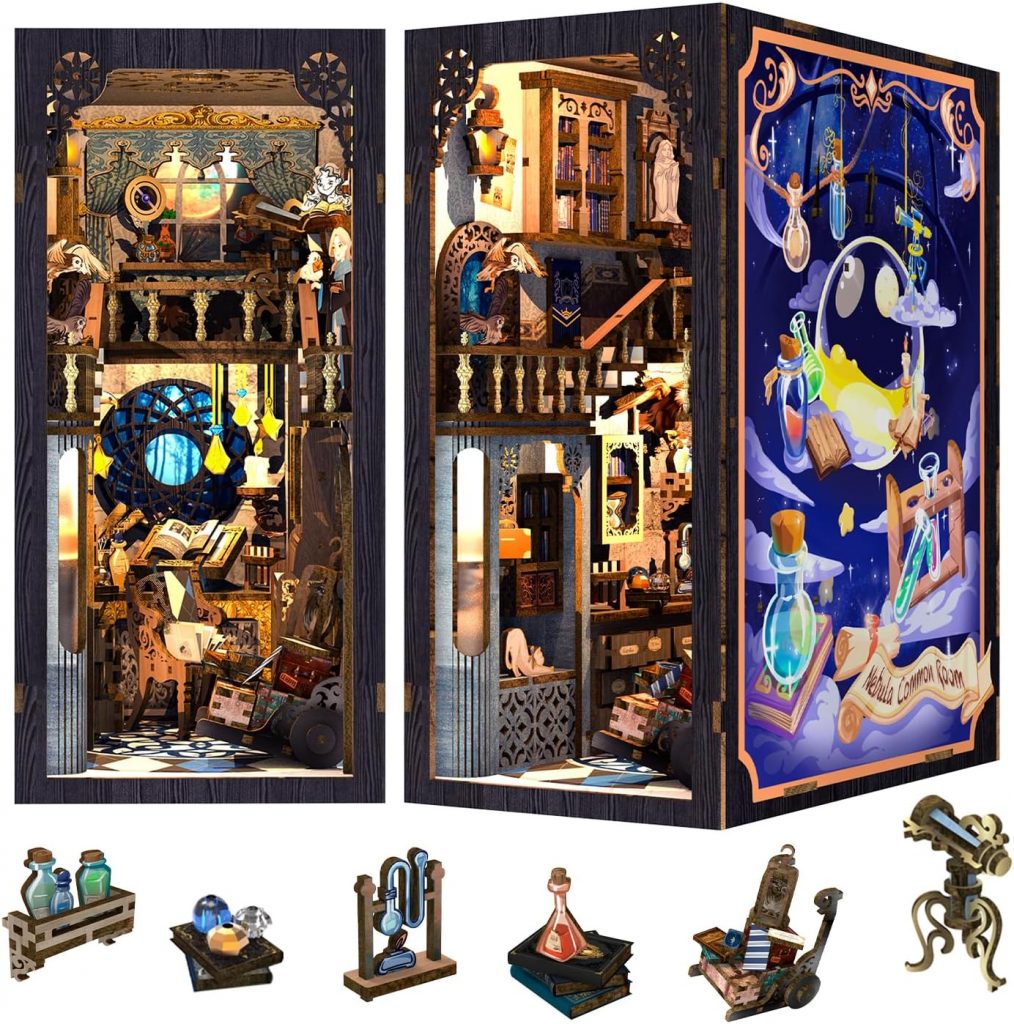 Fsolis DIY Book Nook Kit-The Nebula Rest Room, Buch Nook mit Staubschutzplatte,Puppenhaus Miniatur Haus Kit, 3D Puzzle Holz mit LED Leuchten und Einsteckbar, Geschenke für Erwachsene