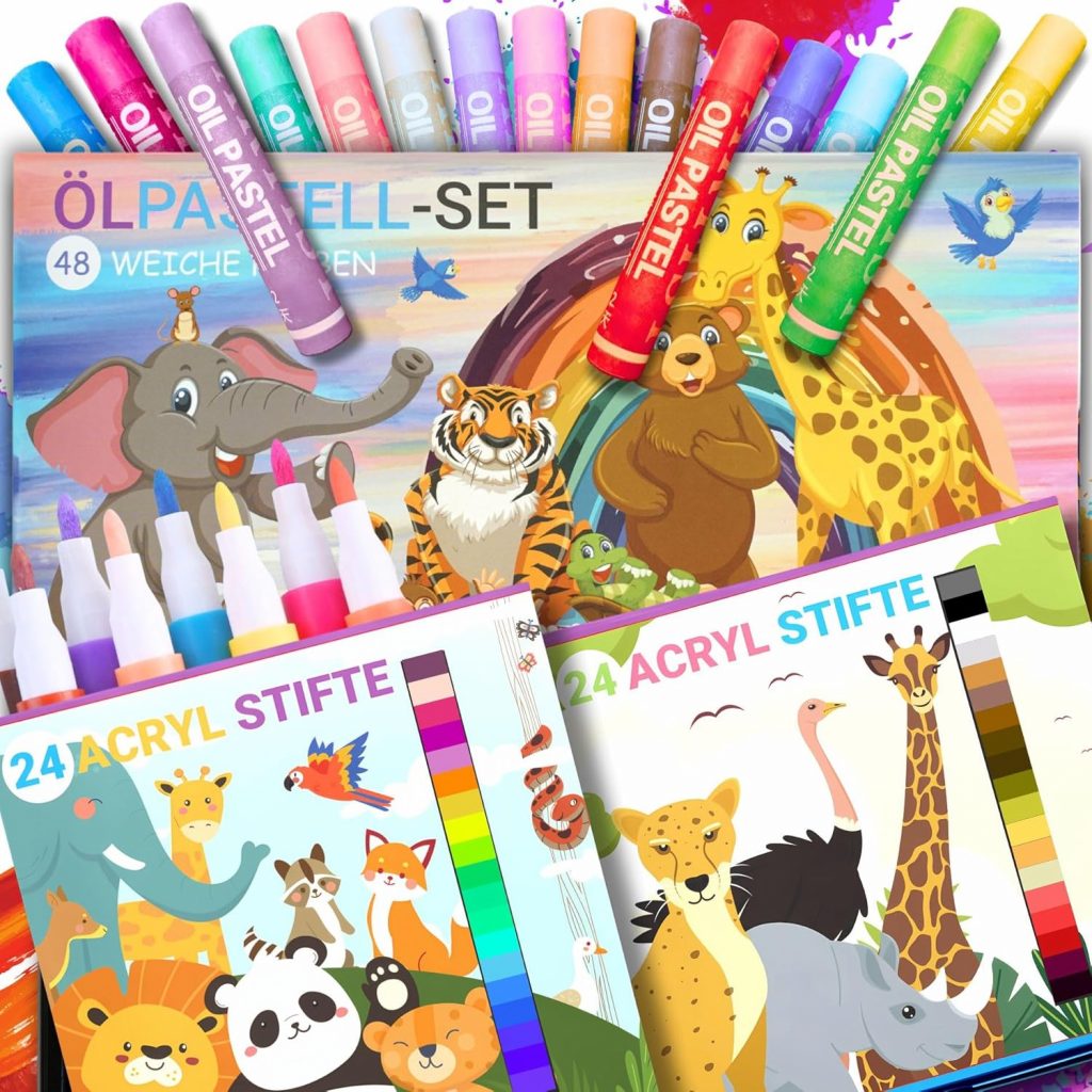 Sabbatbox Ölpastellkreide und Acrylstifte für Kinder, 96er Set im kinderfreundlichen Design, weiche Farben, leicht zu malen, perfekt für Kindergarten, Schule und Kunstprojekte | Tierwelt