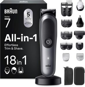 Braun All-in-One Series 7, 18-in-1 Multigroom, Barttrimmer, Nasenhaartrimmer, Haarschneidemaschine für Gesicht, Kopf und Körper, 120 Min Akku, 14 Längen (0.1–21 mm), Wasserdicht, AIO7585, Grau87,99€ statt 149,99€➡️ https://www.amazon.de/dp/B0DQWFQ51G/?tag=preisfehlerheute-21