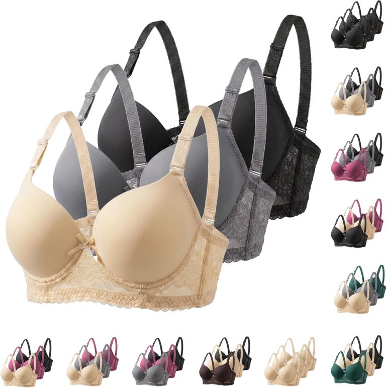 3er Pack BHS Damen BH ohne Bügel Spitze Nahtlos Bequem Leicht Gepolstert T-Shirt Bralette Elegant V-Ausschnitt Verstellbare Träger Rückenverschluss für Tägliches Tragen Freizeit