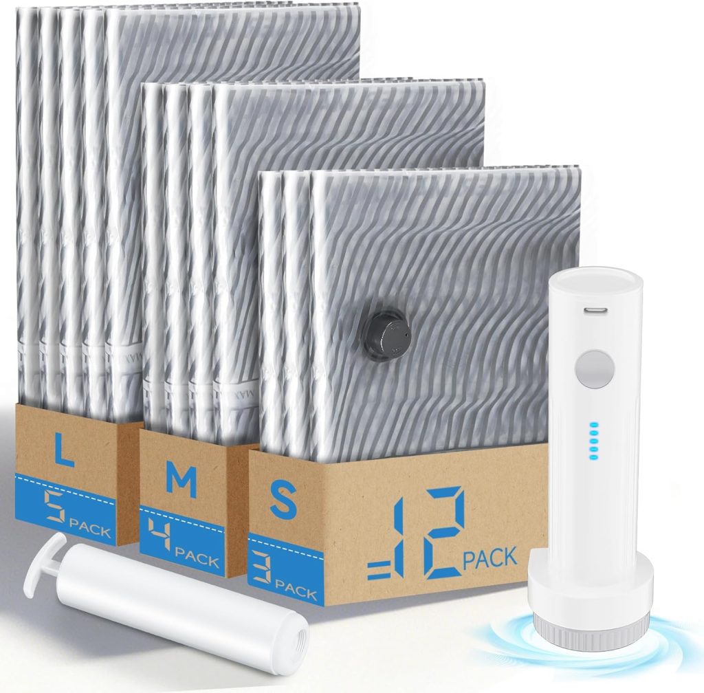 👑 Vakuumbeutel für Kleidung Reise mit Pumpe, 12PCS Vacuum Bags for Clothes (3 x 40*50cm, 4 x 50*70cm, 5 x 60*80cm) with Wireless Electric & Hand Pump Reusable Vacuum Storage Bags for Household, Travel