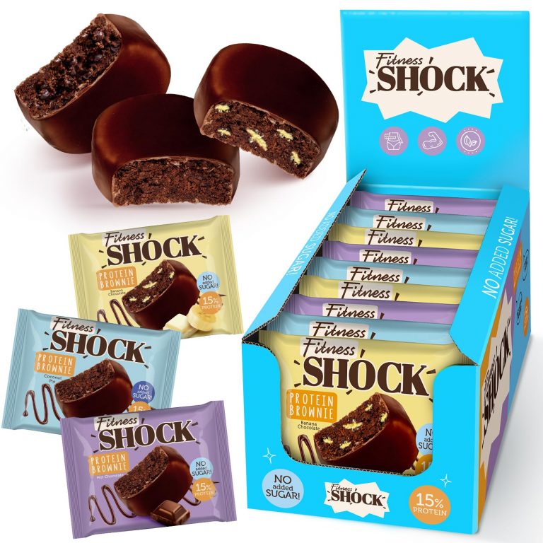 FitnesSHOCK Protein Snack Mixbox ohne Zucker mit 15% Eiweiß, Nährstoffreich, low carb,Reich an Ballaststoffen, weiche Konsistenz, ohne GVO 9 Stück х 50g – verschiedene Sorten: Schoko-Banane-Kokosnuss