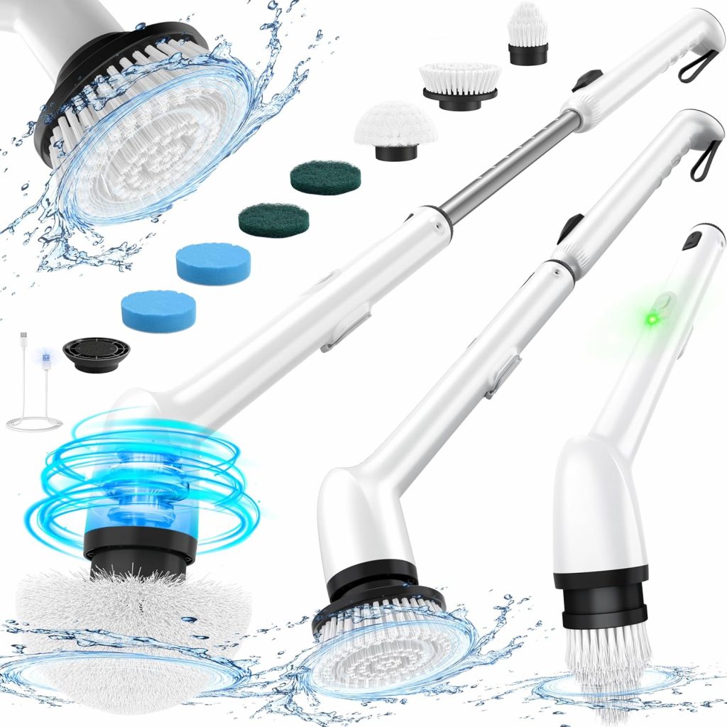 LyriFine Elektrische Reinigungsbürste, 7 in 1 Electric Cleaning Brush, Elektrische Reinigungsbürste Haushalt mit langem Griff,2 Geschwindigkeiten, Ersatzköpfe für Badezimmer Fliesen Badewanne Weiß