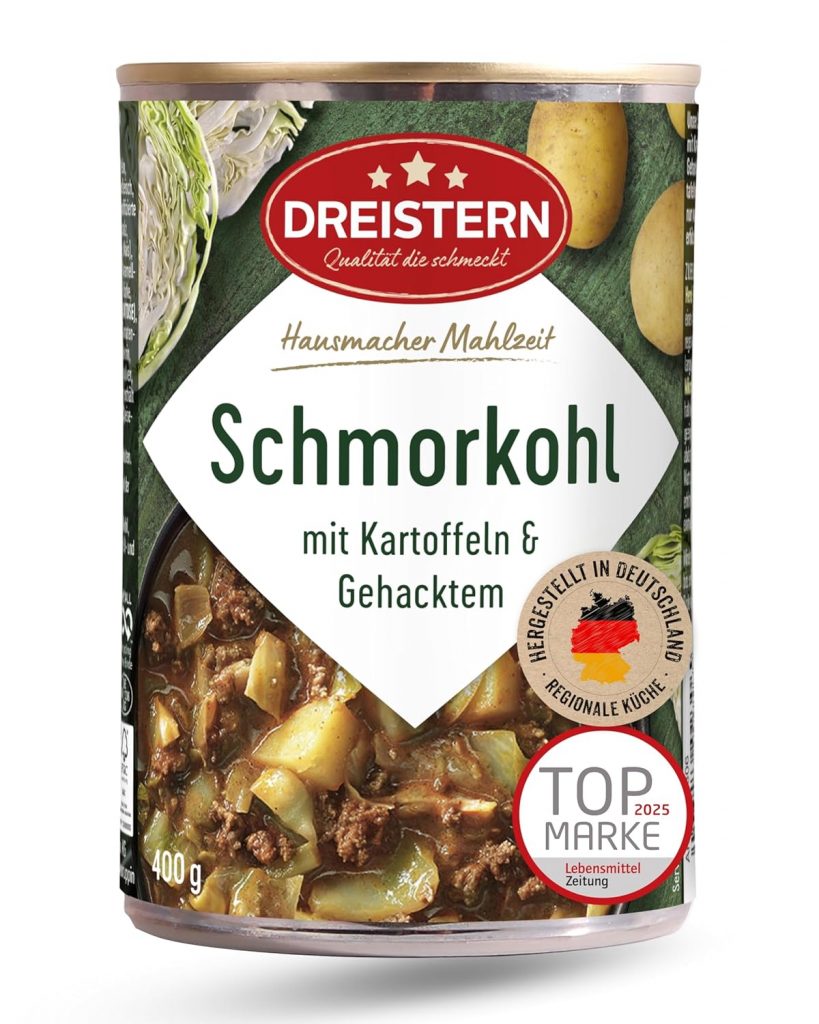 🤴 DREISTERN Schmorkohl 400g I Mit Kartoffeln & Schweinehack I Herzhaftes Fertiggericht in recyclebarer Konservendose I Lange Haltbarkeit dank natürlicher Konservierung I Hausmacher Qualität2,49€ statt 3,49€ – 29,0 🔥🚚 Verkauft durch Amazon und Versand durch Amazon1,375 Bewertungen: 4.4 / 5.0 ⭐️⭐️⭐️⭐️🛒 zu Amazon https://www.amazon.de/dp/B07YRQYVLG/?tag=preisfehlerheute-21