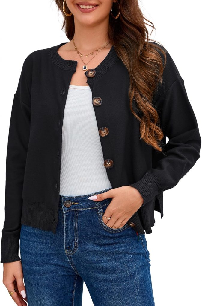 YesFashion Strickjacke Damen Kurz Elegante Langarm Strick Cardigan mit Knöpfen Casual Schulterjacke Bolero Top für Herbst Winter Schwarz M