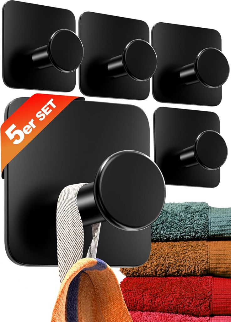 4smile Handtuchhalter ohne Bohren, schwarz – 5 Stück Badezimmer Handtuchhalter, Klebehaken aus Edelstahl, moderne Haken für Bad, WC, Küche – Wasserfeste Haken selbstklebend, Handtuchhaken8,99€ statt 15,00€➡️ https://www.amazon.de/dp/B0C3LPVZHK/?tag=preisfehlerheute-21