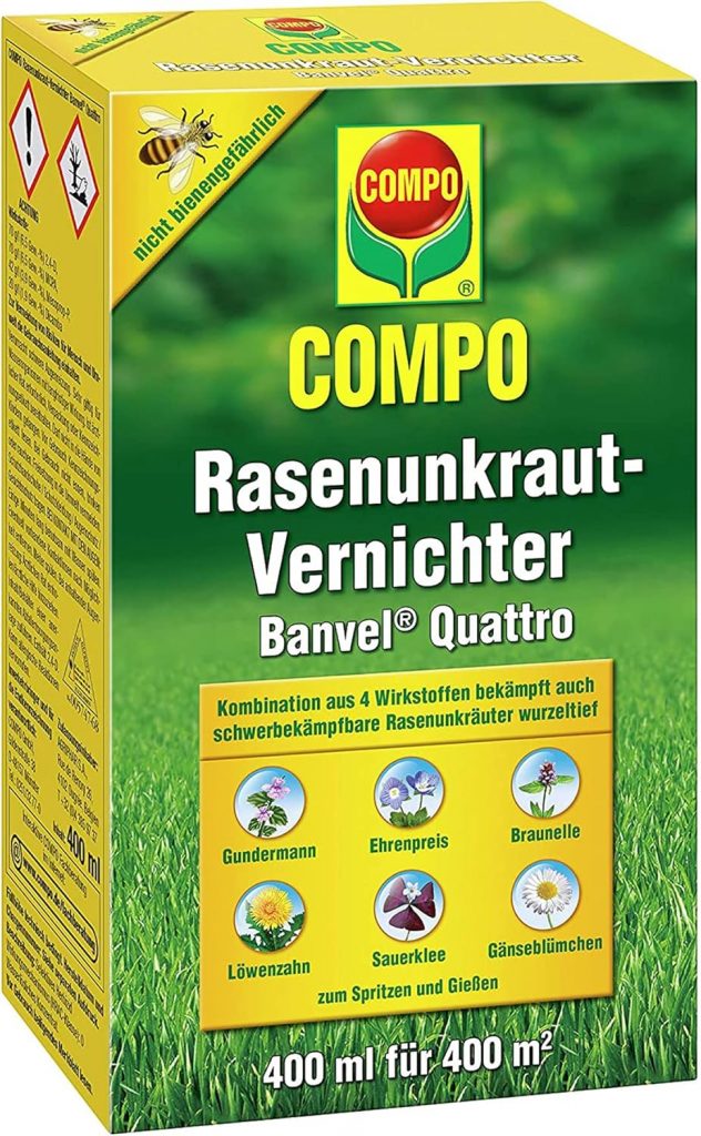 🤴 COMPO Rasenunkraut-Vernichter Banvel Quattro, Bekämpfung von schwerbekämpfbaren Unkräutern im Rasen, Konzentrat, 400 ml (400 m²)