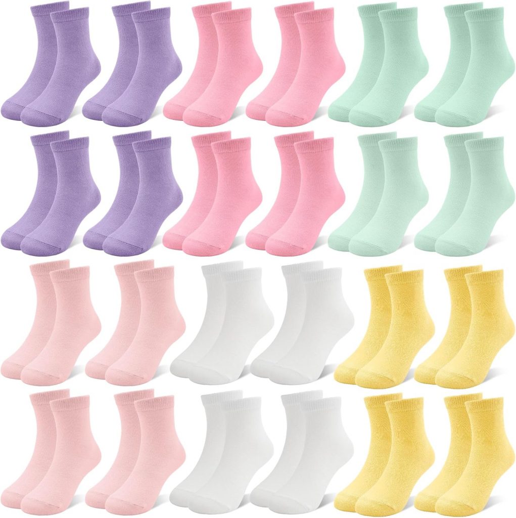 ZERULETS 24 Paar Kinder Socken Mädchen Sneakersocken Kindersocken Schulkind Socken Mädchen Sportscoken Weiß Rosa Lila Gelb für 1-2 Jahre